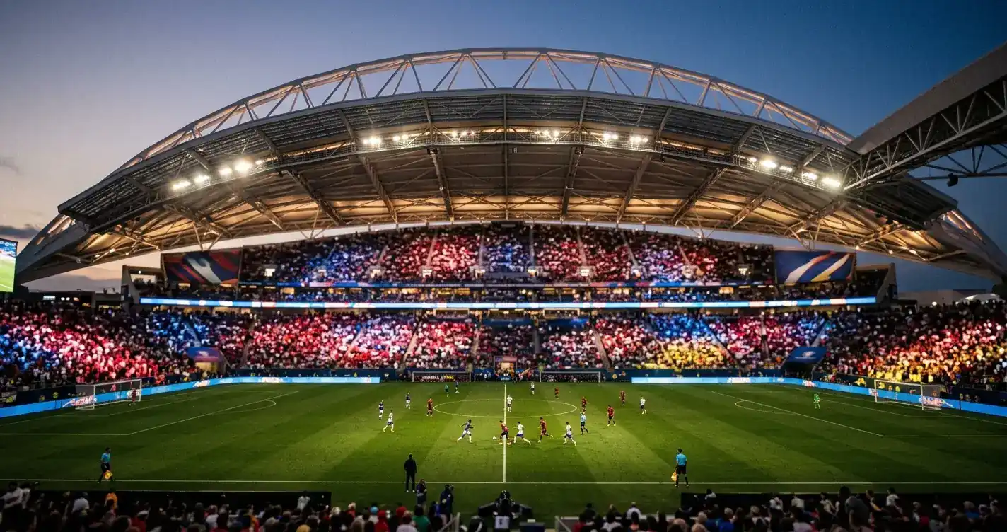 Stadion piłkarski podczas wieczornego meczu Mundialu 2026 wypełniony kibicami