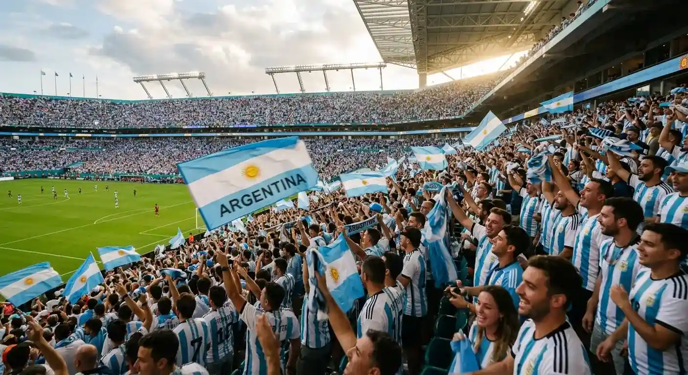 Stadion w Miami wypełniony kibicami w argentyńskich koszulkach i chorągiewkami. Argentyna na MŚ 2026: 9 punktów w grupie, 1 stracony gol, jeszcze nie przegrana.