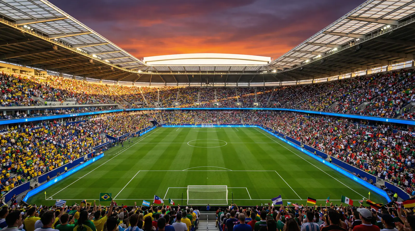 Stadion piłkarski podczas Mistrzostw Świata 2026 z kibicami na trybunach
