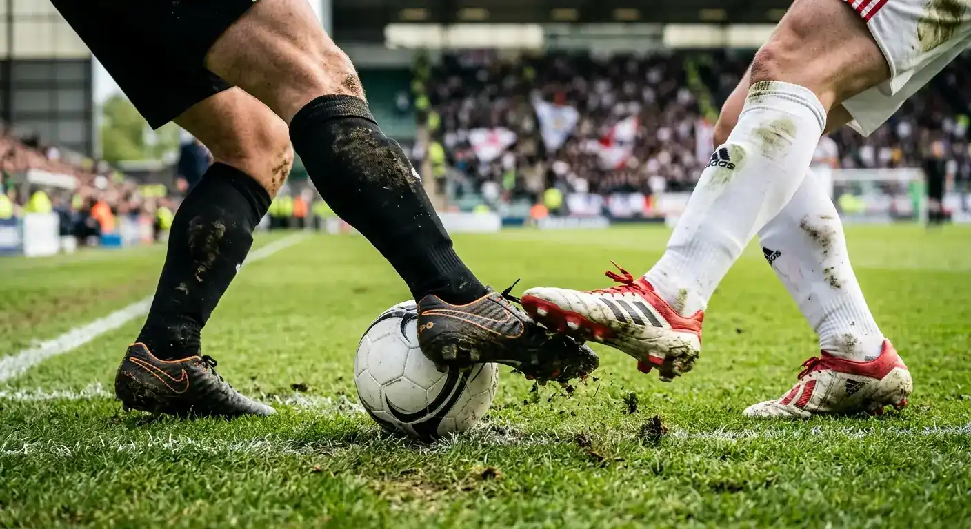 Zbliżenie piłki i kostek dwóch zawodników — Hiszpania kontra Portugalia, kadrowanie na suchą murawę w słonecznym świetle. Ibérico derby w 1/8 finału Mundialu 2026: pierwsza taka para od lat.