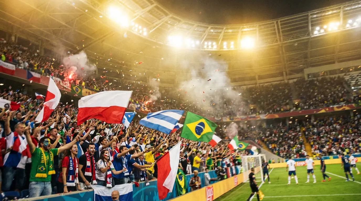 Kibice z flagami narodowymi na trybunach stadionu podczas meczu piłkarskiego