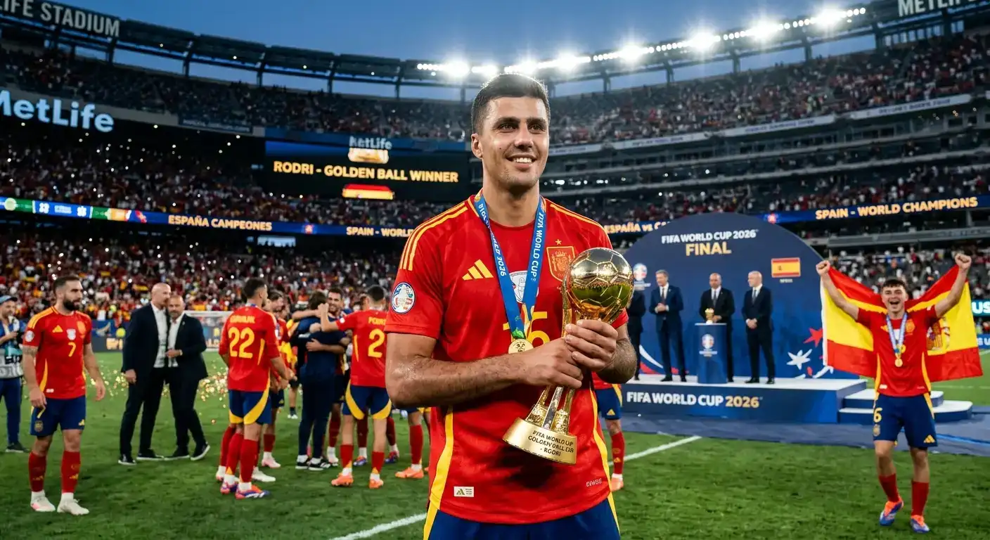 Rodri z Hiszpanii odbiera Złotą Piłkę Mundialu 2026 po finale na MetLife Stadium