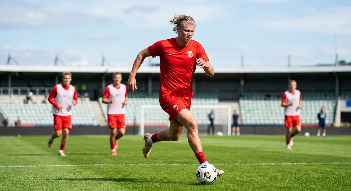 Erling Haaland z piłką przy nodze na norweskim treningu, w tle flaga Norwegii. 7 goli w 5 meczach, strzelał w każdym spotkaniu — teraz czeka go Kane (6 goli) w sobotę w Miami.