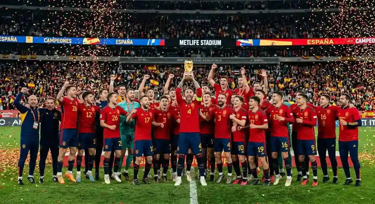 Hiszpańscy zawodnicy świętują z Pucharem Świata po finale Mundialu 2026 na MetLife Stadium