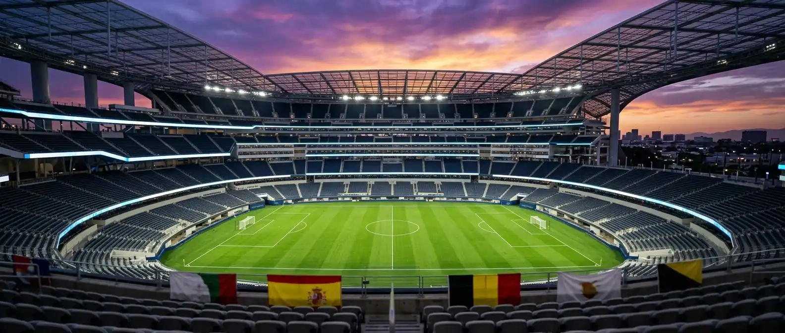 Trybuny SoFi Stadium w Los Angeles wypełnione flagami Hiszpanii i Belgii, wieczorne światło. Piątek 10 lipca, 15:00 ET: Hiszpania–Belgia, pierwsza szansa na awans do półfinału po stronie Francji.