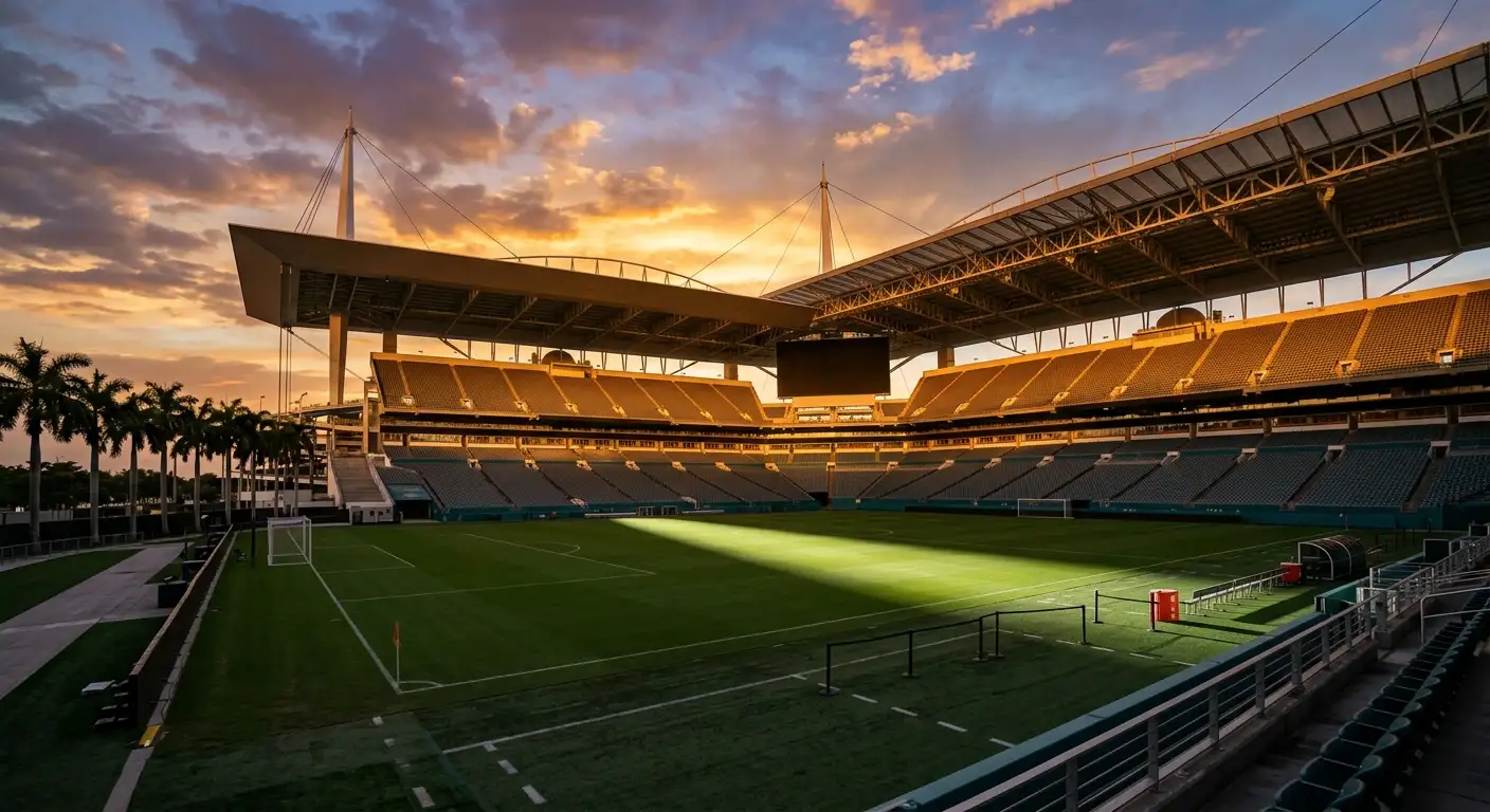 Stadion Hard Rock w Miami o zachodzie słońca, puste trybuny, światła ciepłe. Arena dzisiejszego starcia Argentyna — Kabo Werde, ostatnia debiutancka historia tego mundialu.