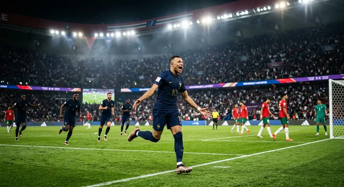 Mbappé celebruje bramkę na Gillette Stadium, Francja–Maroko, 9 lipca 2026. 8. gol Mbappé na mundialu 2026, 20. w karierze — zrównał się z Messim.